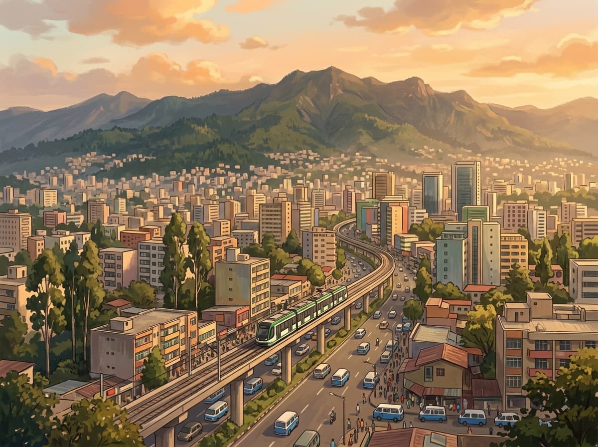 Painted view over Addis Ababa at golden hour, with the light rail and the Entoto hills behind the city