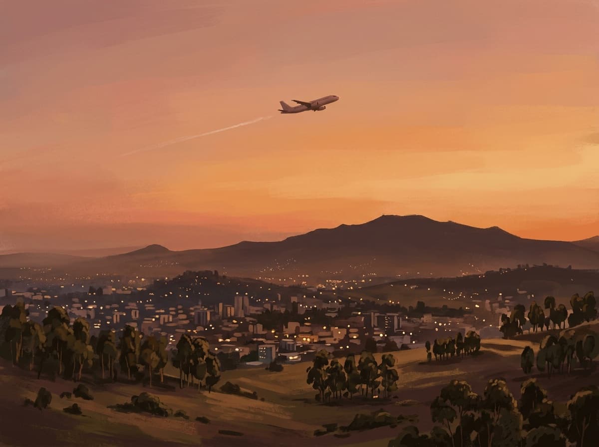 Painted dusk sky over Addis Ababa with a plane climbing away toward the horizon