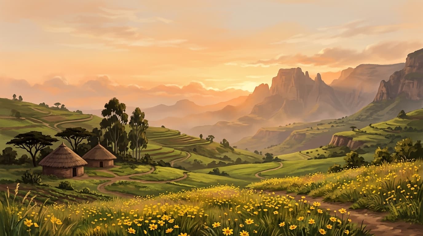 Painted Ethiopian highlands at golden hour: yellow Meskel daisies, two thatched tukuls and the Simien escarpment in the haze